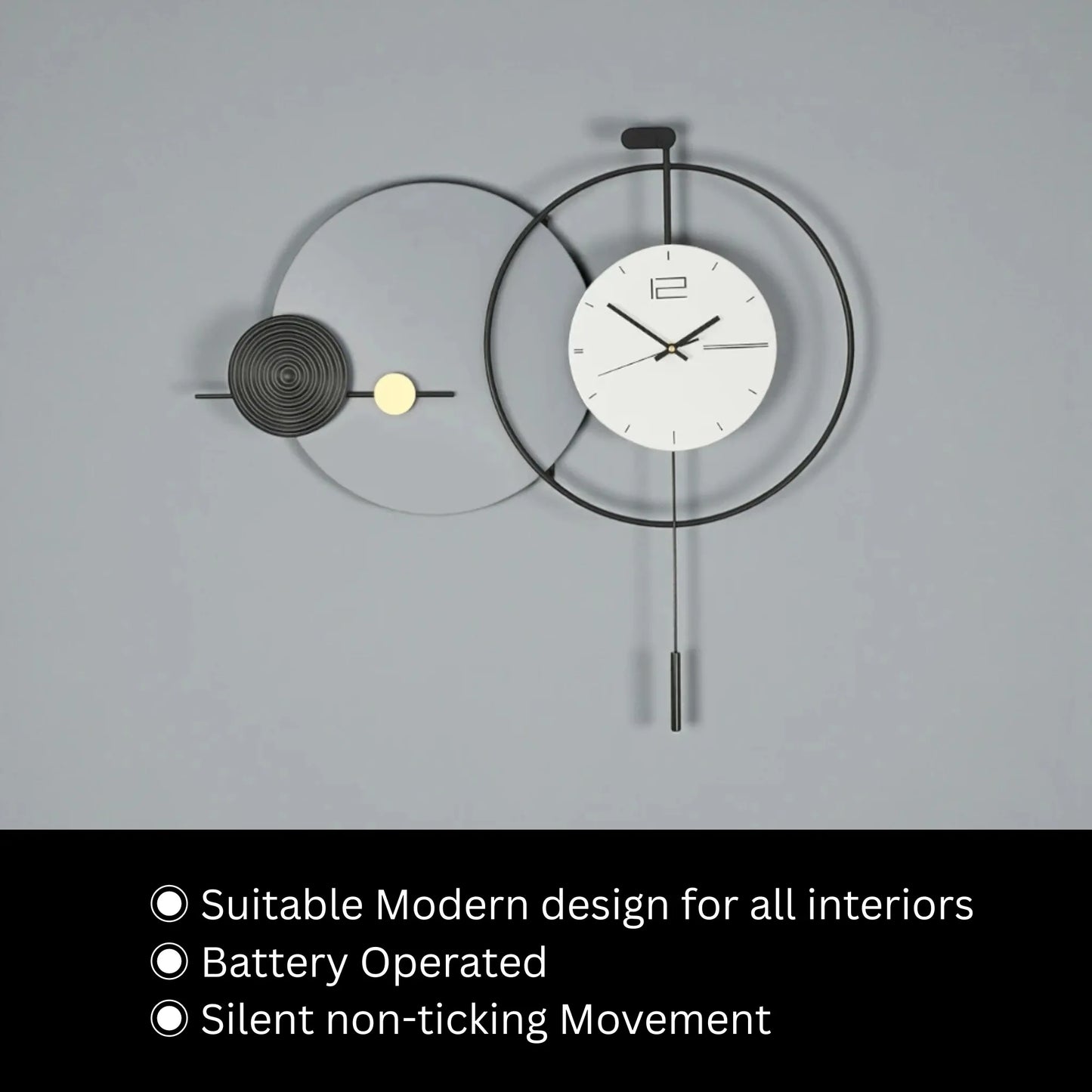 Big Wall Clock Modern - Darrington with a minimalist white face, black hands, overlapping metal rings, decorative spiral-disc, and pendulum weight; battery-operated and silent, ideal for modern interiors.