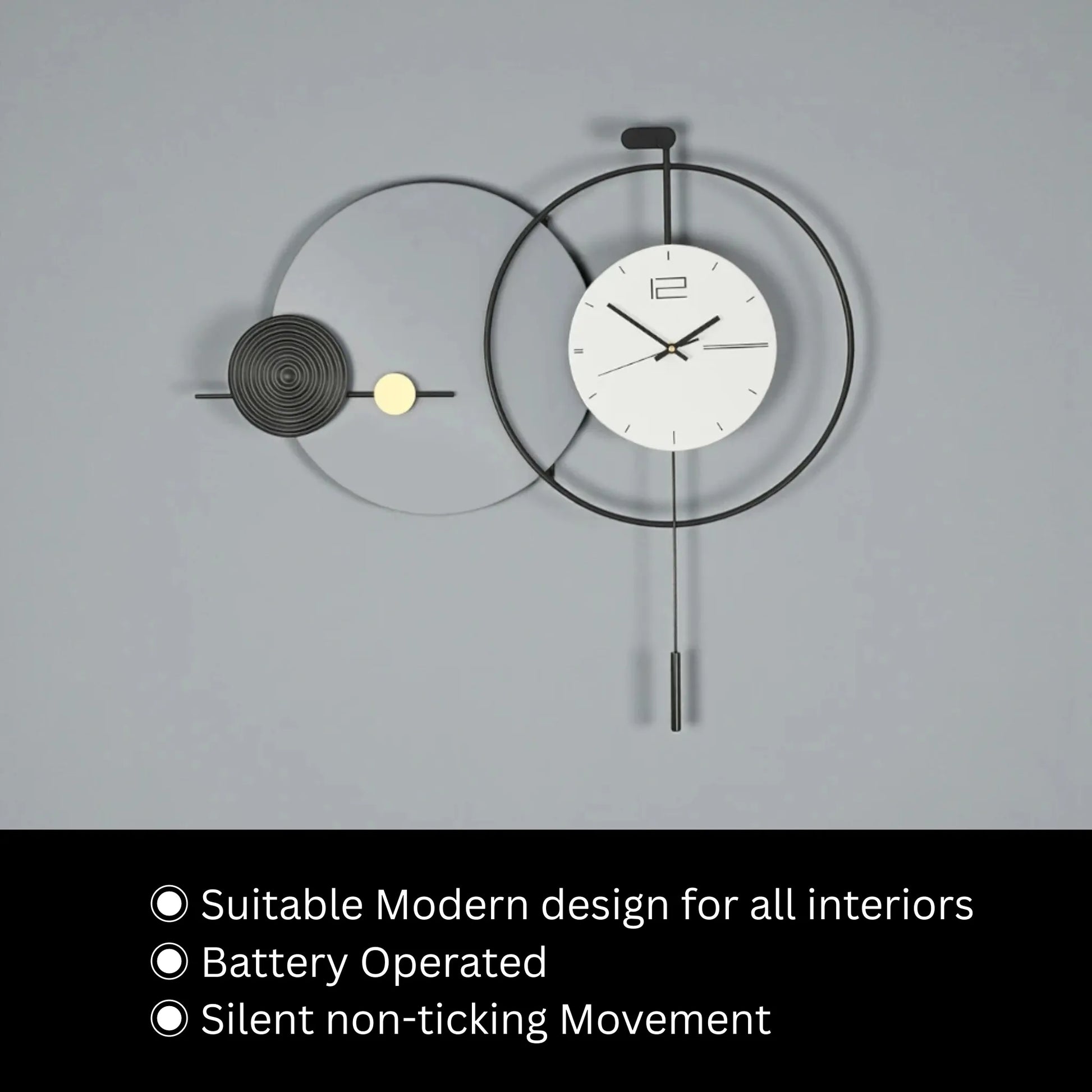 Big Wall Clock Modern - Darrington with a minimalist white face, black hands, overlapping metal rings, decorative spiral-disc, and pendulum weight; battery-operated and silent, ideal for modern interiors.