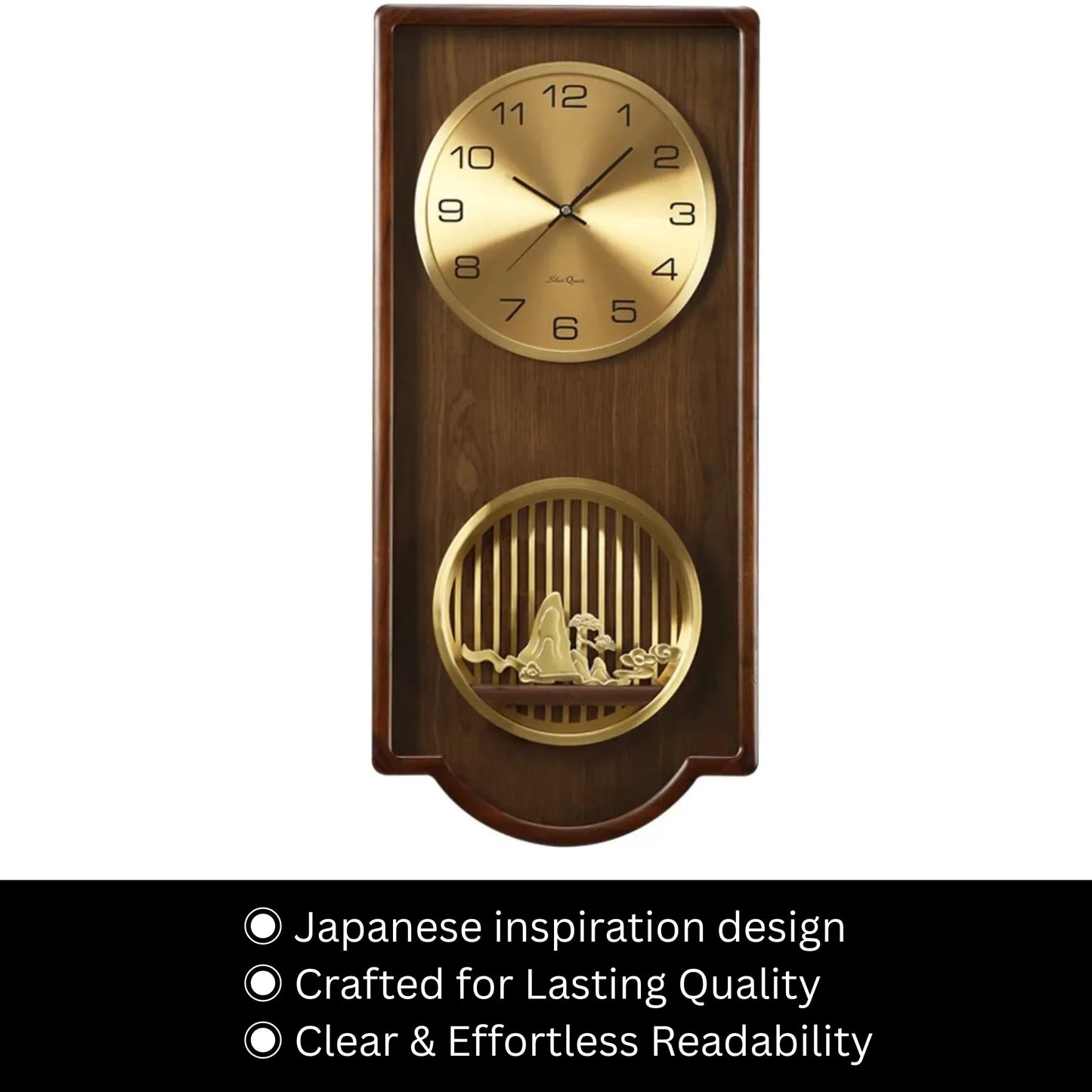 Wood Analog Wall Clock - Eastley: A distinguished wall clock featuring a wooden case, brushed-gold dial, and a decorative grille with a miniature landscape, embodying Japanese-inspired design and crafted for lasting quality.