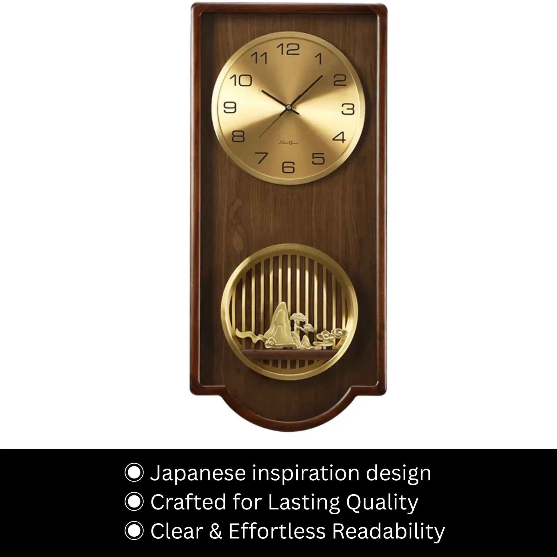 Wood Analog Wall Clock - Eastley: A distinguished wall clock featuring a wooden case, brushed-gold dial, and a decorative grille with a miniature landscape, embodying Japanese-inspired design and crafted for lasting quality.