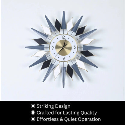 Big Decorative Wall Clocks - Denley features a mid-century design with alternating diamond and wedge-shaped spokes, enhancing any space with its striking, quiet functionality.