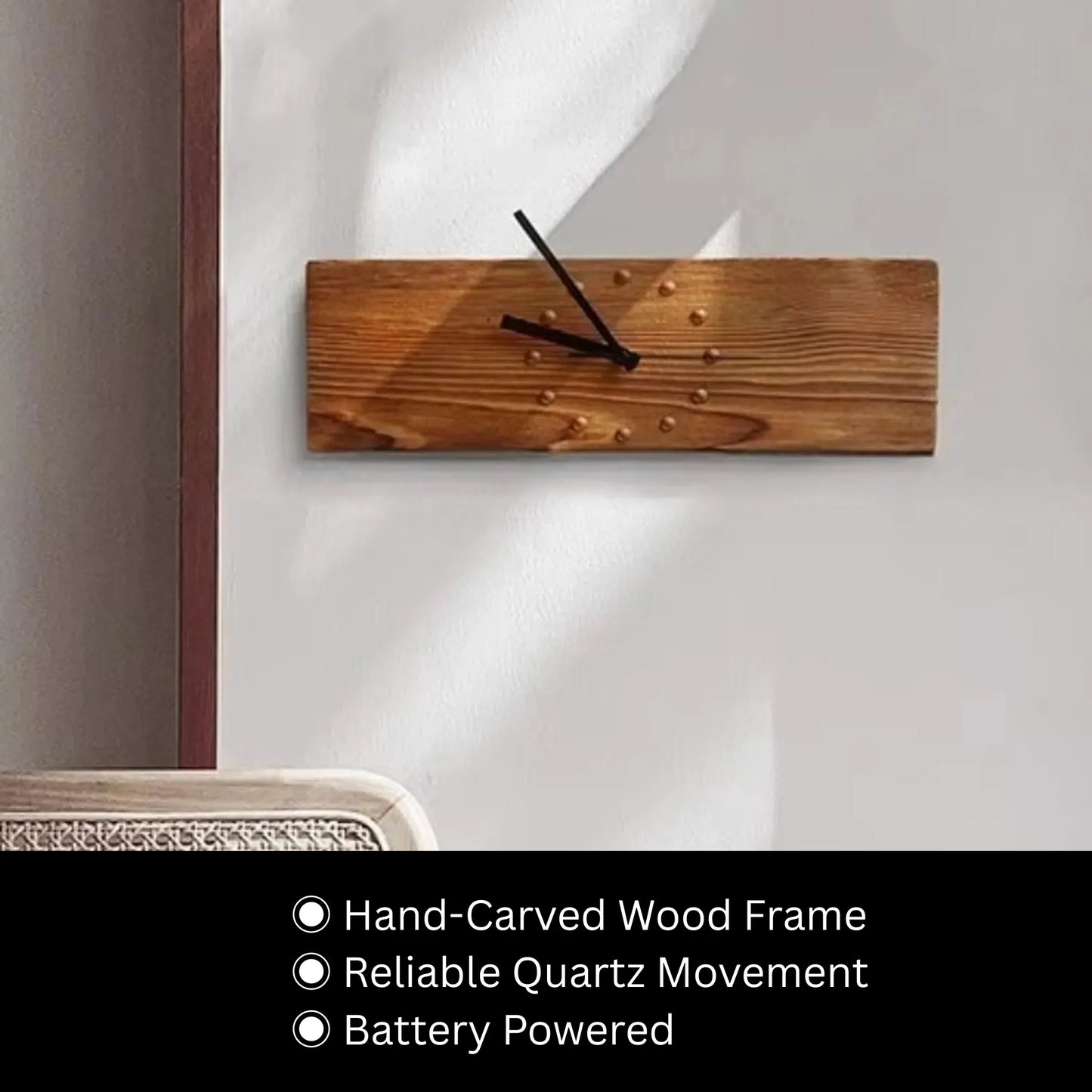 Wood Wall Clock - Stalford: A minimalist, hand-carved European linden wood clock featuring inset hour markers, simple black hands, and quartz movement, ideal for large spaces or open offices.