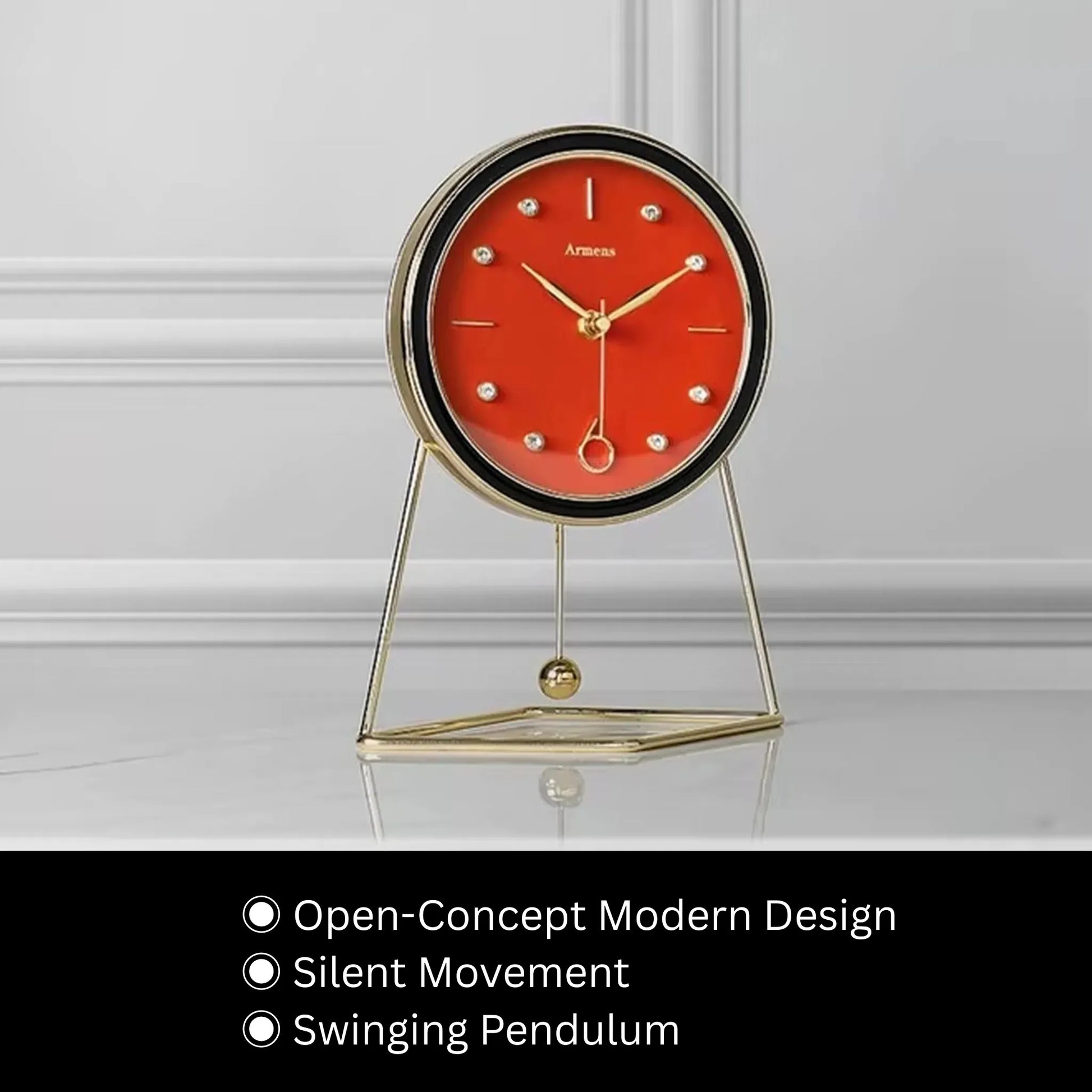 Pendulum Table Clock - Dralen: A modern, open-concept clock with a round red dial, gold-tone frame and hands, and a swinging pendulum, ideal for adding dynamic elegance to any mantel or desk.