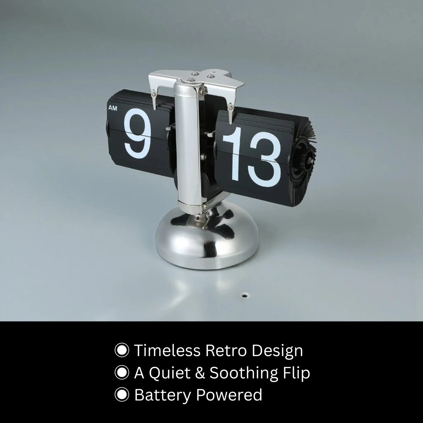 Retro flip clock - Jorrel, with polished metal base and flipping black cards displaying 9:13 AM, embodies timeless retro design, offering a quiet, gear-operated charm for modern homes or offices.