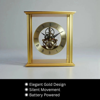 Brass table clock - Braven: A small, gold-framed skeleton clock with exposed gears and a Roman numeral dial, featuring a silent sweep movement and elegant polished brass design for a sophisticated touch.
