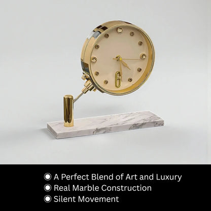 Luxury Table Clock - Corlen: A decorative clock on a white-and-gray marble base with gold-tone details, offering silent movement and artistic luxury, perfect for elegant home or office decor.