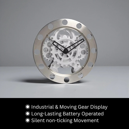 Modern Wall Clock Design - Elverton features exposed white gears and black hands within a circular metal bezel with round cutouts, offering a silent, industrial aesthetic, perfect for transforming walls into kinetic art.
