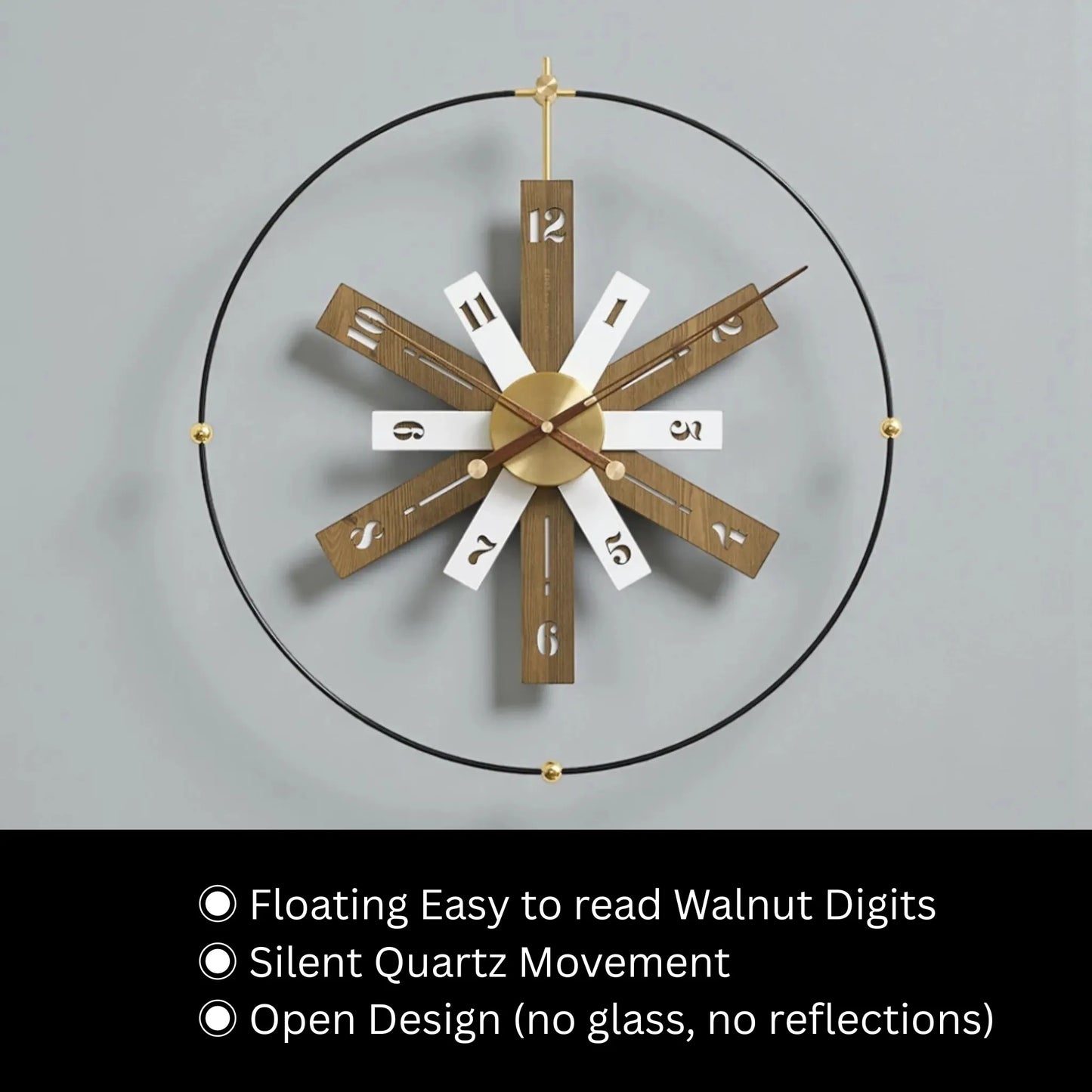 Modern Lounge Wall Clocks - Fremton features an open-face design with walnut and white spokes, brass hub, and black metal ring, perfect for contemporary spaces. Silent quartz ensures precise timekeeping.