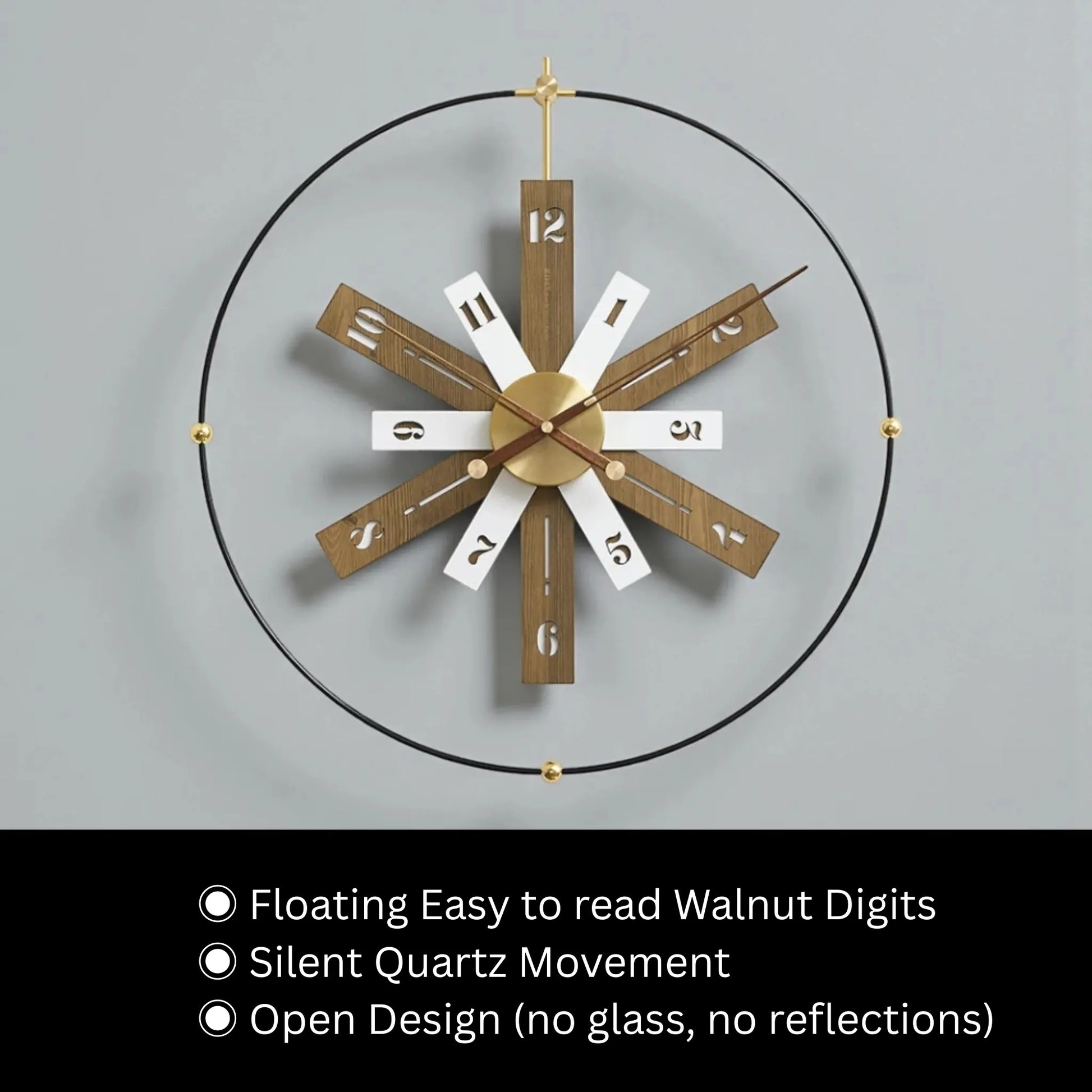 Modern Lounge Wall Clocks - Fremton features an open-face design with walnut and white spokes, brass hub, and black metal ring, perfect for contemporary spaces. Silent quartz ensures precise timekeeping.