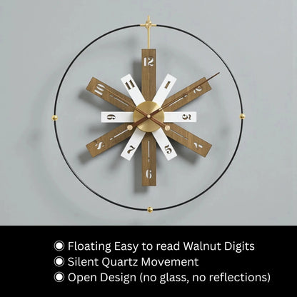 Modern Lounge Wall Clocks - Fremton features an open-face design with walnut and white spokes, brass hub, and black metal ring, perfect for contemporary spaces. Silent quartz ensures precise timekeeping.