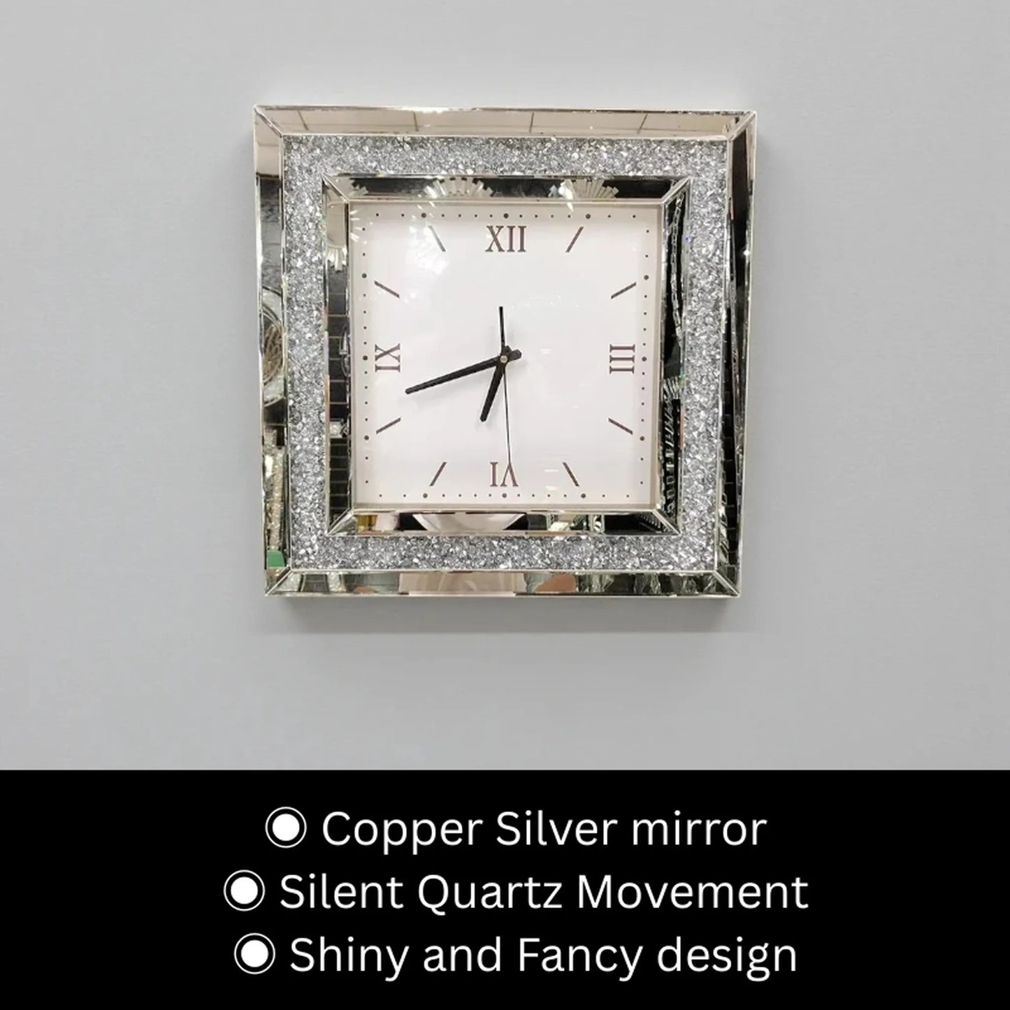 Fancy wall clock - Norwyn with a mirrored frame and glittery border, featuring Roman numerals and a copper-silver mirror finish, designed as an elegant centerpiece with silent quartz movement.
