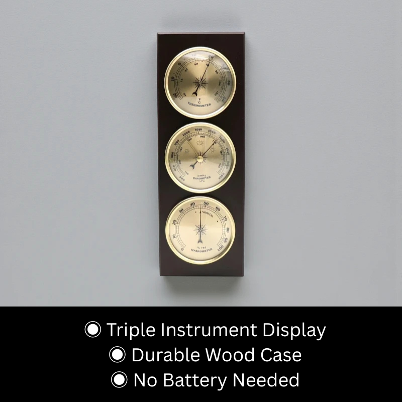 Weather Station Wall Clock - Harlton features a wood-cased panel with brass-faced thermometer, barometer, and hygrometer, elegantly mounted for precise indoor environmental monitoring, perfect for sophisticated timekeeping enthusiasts.