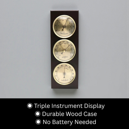 Weather Station Wall Clock - Harlton features a wood-cased panel with brass-faced thermometer, barometer, and hygrometer, elegantly mounted for precise indoor environmental monitoring, perfect for sophisticated timekeeping enthusiasts.
