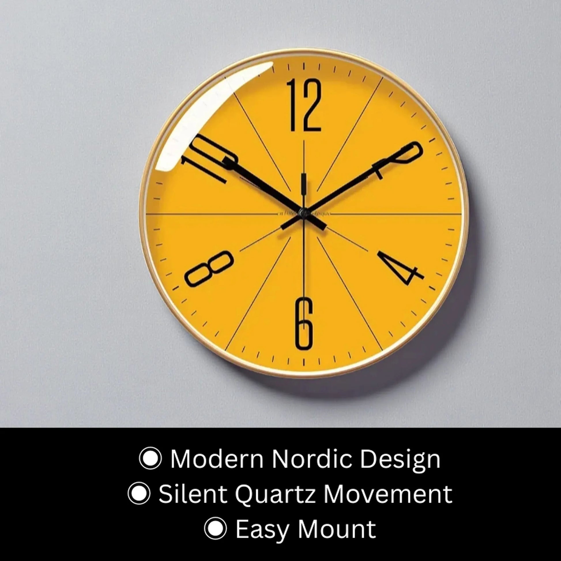 Nordic wall clock - Branley features a bold yellow face with minimalist markings, modern numerals, and slim black hands, epitomizing Nordic design with silent quartz movement for easy wall mounting.