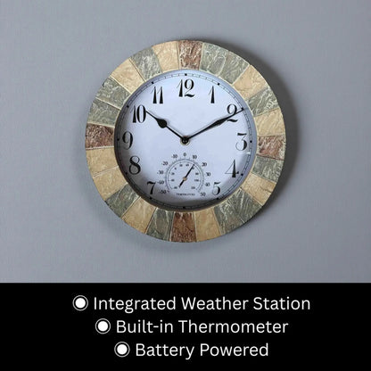 Large outdoor wall clock - Sylva features a stone-tile bezel with hour markings and hands, plus a built-in thermometer, offering both time and weather updates for patios or gardens.