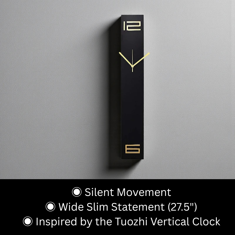 Modern long wall clocks - Rowell, a sleek, ultra-slim vertical clock with silent movement, features a minimalist design with gold hands on a tall black rectangular body