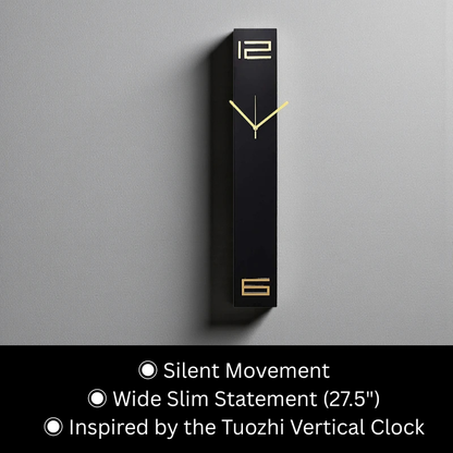 Modern long wall clocks - Rowell, a sleek, ultra-slim vertical clock with silent movement, features a minimalist design with gold hands on a tall black rectangular body