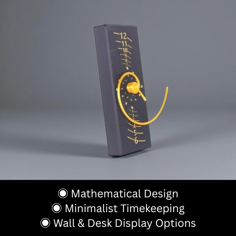 Fibonacci Wall Clock - Morston features a slim, upright block with hour markings, pivoting yellow arm, and curved arc, offering a minimalist design inspired by the golden ratio for wall or desk display.