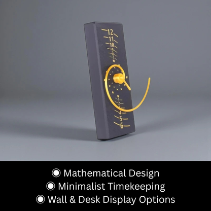 Fibonacci Wall Clock - Morston features a slim, upright block with hour markings, pivoting yellow arm, and curved arc, offering a minimalist design inspired by the golden ratio for wall or desk display.