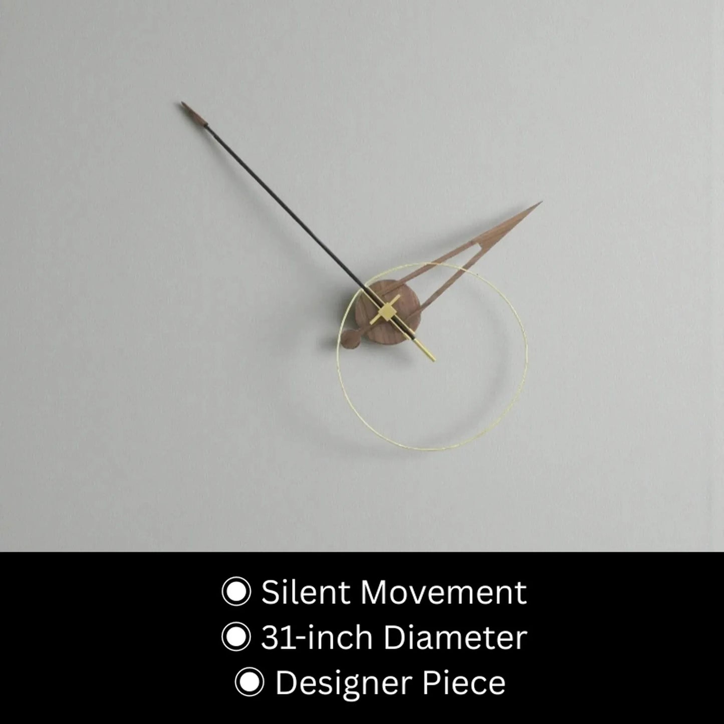 Unique modern wall clocks - Crawell: A 31-inch minimalist wall clock featuring a polished brass ring, wooden hour and minute hands, and a contrasting black second hand, embodying silent, sculptural design.