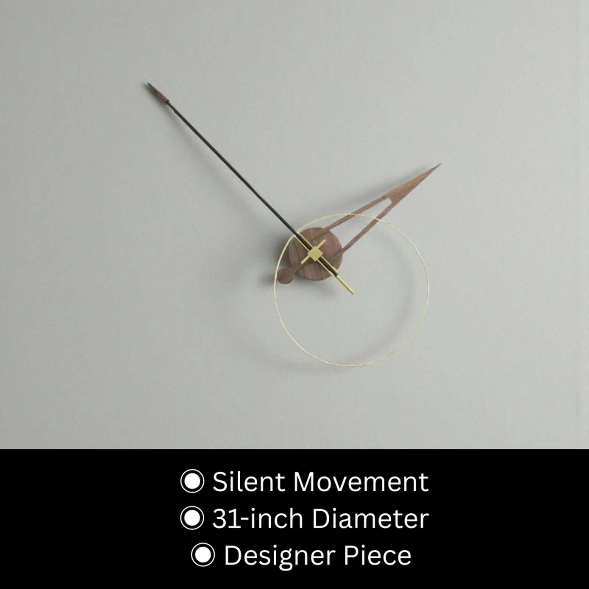Unique modern wall clocks - Crawell: A 31-inch minimalist wall clock featuring a polished brass ring, wooden hour and minute hands, and a contrasting black second hand, embodying silent, sculptural design.