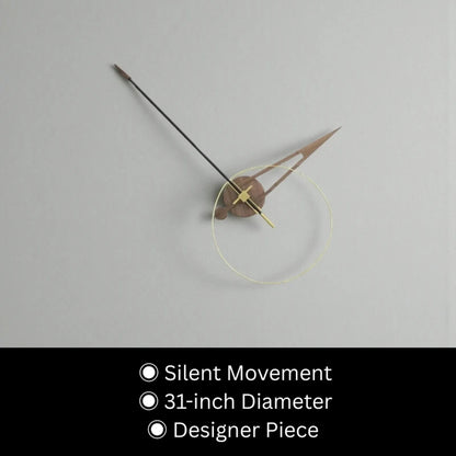 Unique modern wall clocks - Crawell: A 31-inch minimalist wall clock featuring a polished brass ring, wooden hour and minute hands, and a contrasting black second hand, embodying silent, sculptural design.