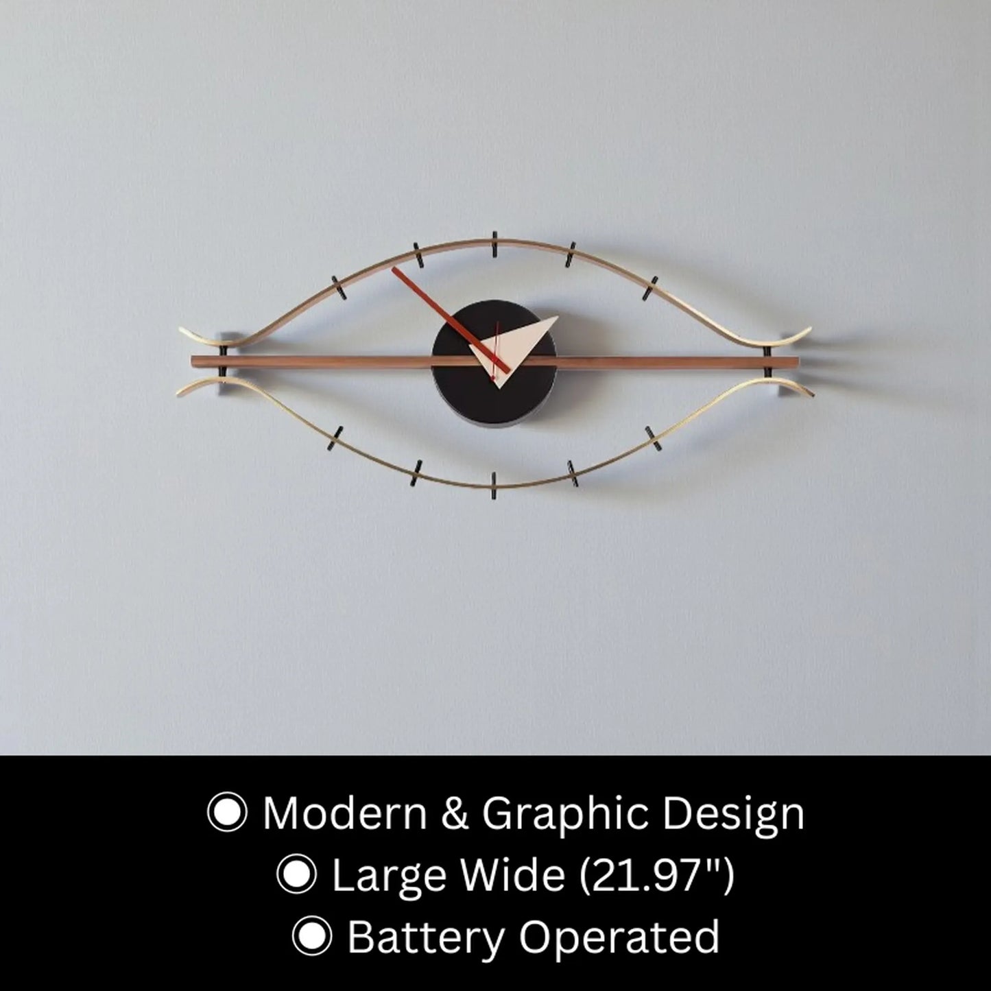 30-inch decorative wall clock - Ashen, featuring a slim, eye-shaped metal frame, central round face, triangular hour hand, red minute hand, and minimalist index marks, exemplifying mid-century industrial style.