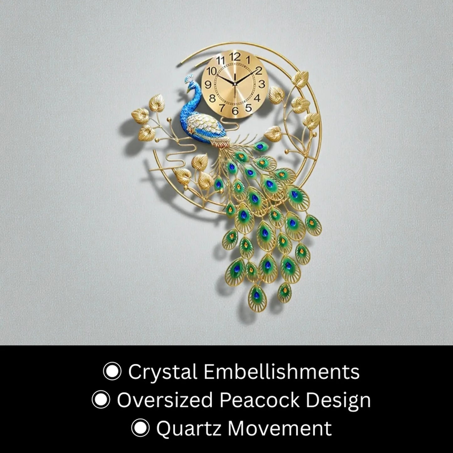 Peacock wall clock - Wexley: Ornate clock with gold face, featuring a sculptural peacock in blue, green, and gold, framed by gold branches and leaves, embellished with crystals, showcasing luxurious design.