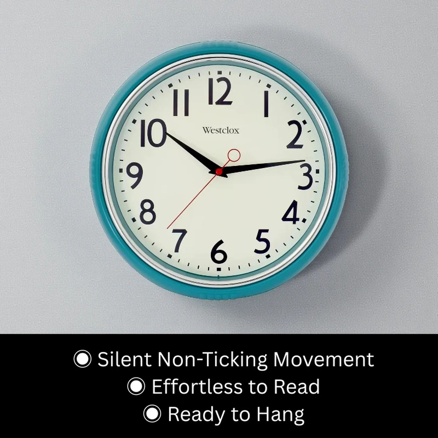 Blue metal Wall Clock - Farlton with teal trim and minimalist square design, featuring silent non-ticking movement. Displayed with hands at 10:10, highlighting its effortless readability and ready-to-hang convenience.