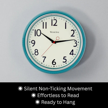 Blue metal Wall Clock - Farlton with teal trim and minimalist square design, featuring silent non-ticking movement. Displayed with hands at 10:10, highlighting its effortless readability and ready-to-hang convenience.