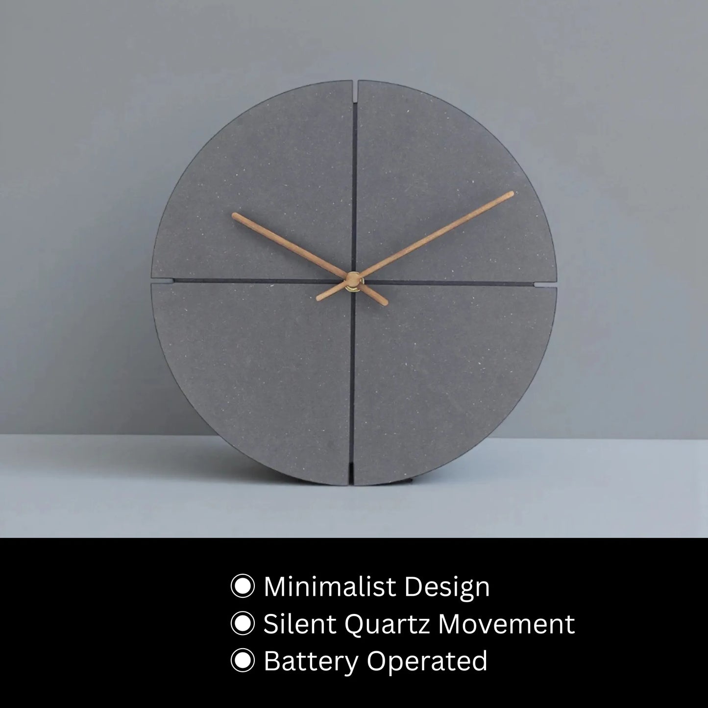 Deep Black Wall Clock Modern - Grenton features a minimalist design with a full circle of dark-grey segments, slim wooden hands, and a silent quartz movement, embodying a sophisticated urban aesthetic.