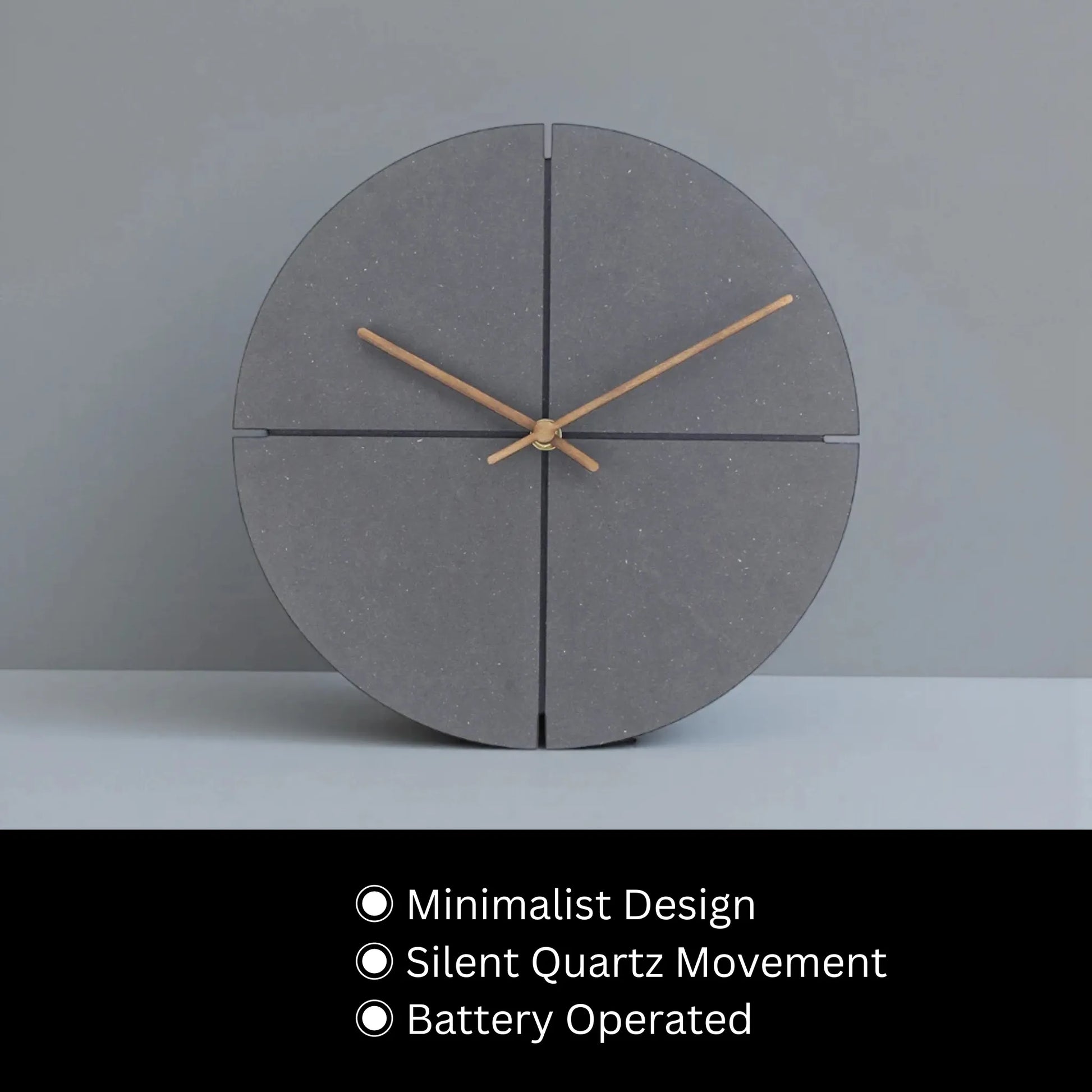 Deep Black Wall Clock Modern - Grenton features a minimalist design with a full circle of dark-grey segments, slim wooden hands, and a silent quartz movement, embodying a sophisticated urban aesthetic.