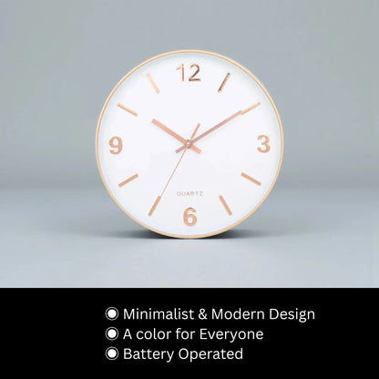Modern Silent Wall Clock - Densford: A sleek, round wall clock with a white face, slim gold-tone frame, and minimalist numerals. Ideal for modern spaces with its silent, non-ticking quartz movement.