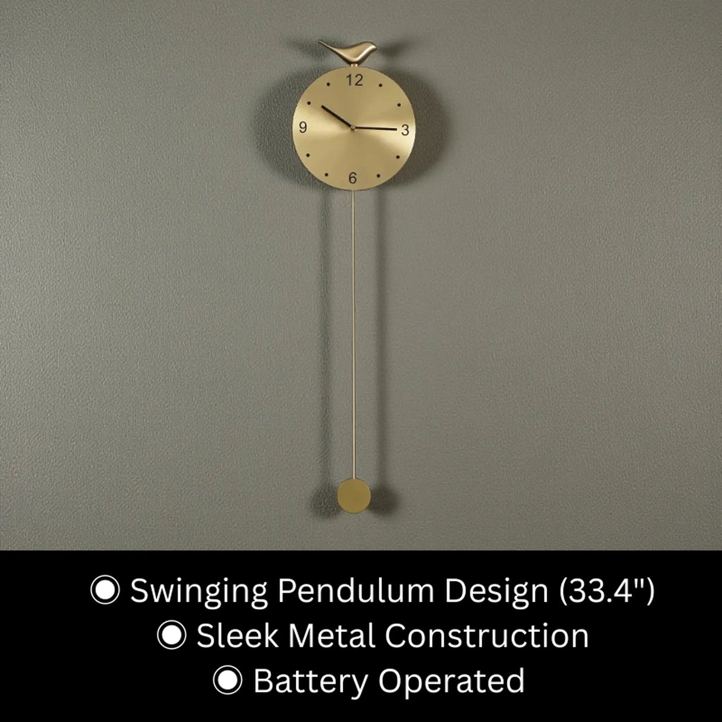 Modern Pendulum Wall Clock - Majesty: A sleek brushed gold wall clock with a minimalist design, featuring a swinging pendulum, simple face with numeric markers, and a bird silhouette, ideal for contemporary decor.