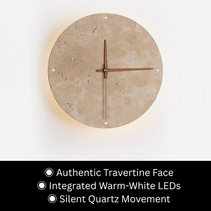 Modern wall clock for living room - Torwyn: A 9-inch round travertine stone face with unique pores and veins, enhanced by warm-white LED backlighting and a silent quartz movement.