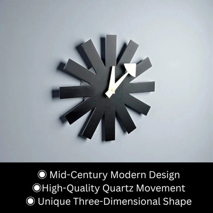 Close-up of charcoal metal spokes and cream geometric hands on black clock
