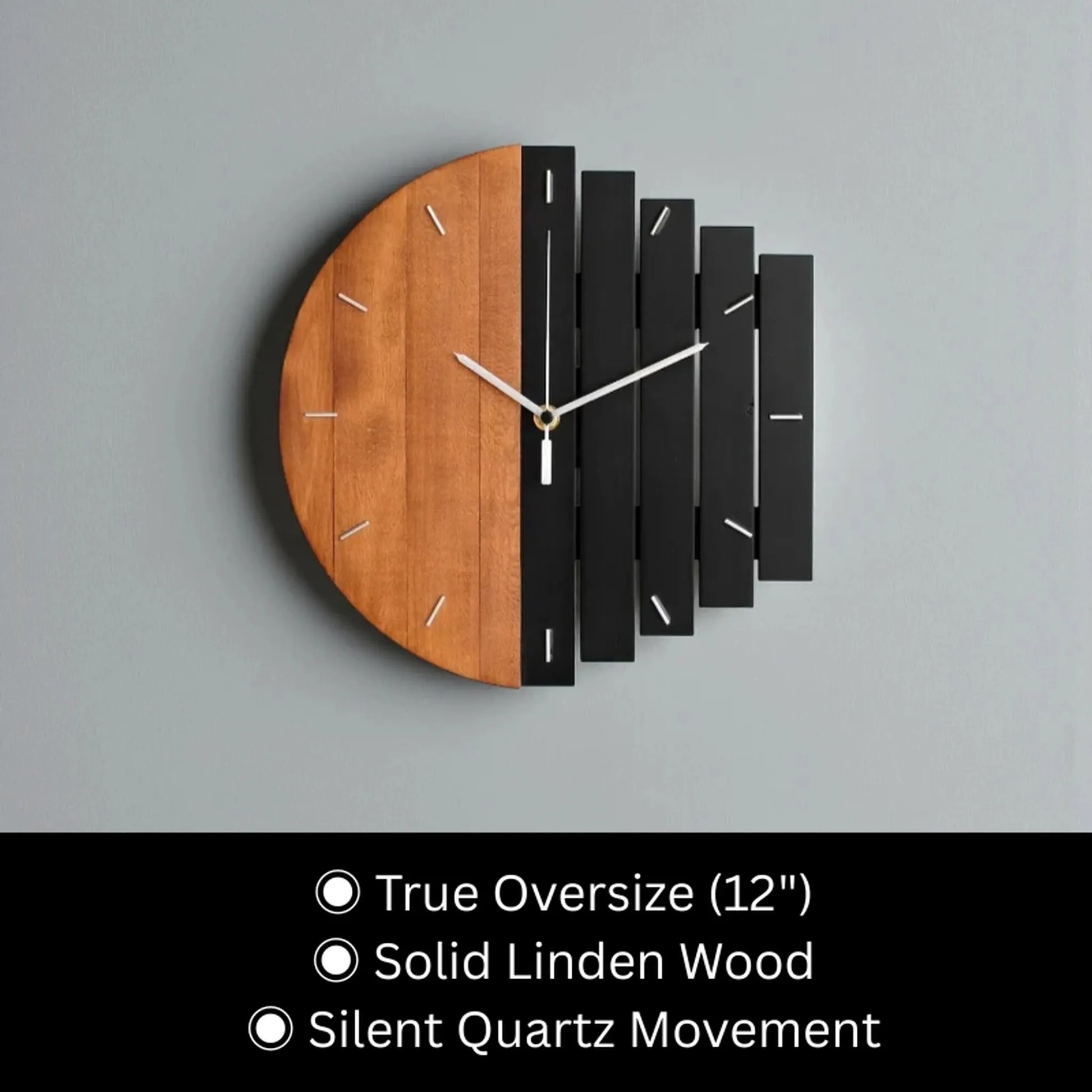 Modern wood wall clock - Clevor: A half-circle wall clock crafted from linden wood, featuring a natural finish on one side and staggered black slats on the other, with white hands and slim metal markers.