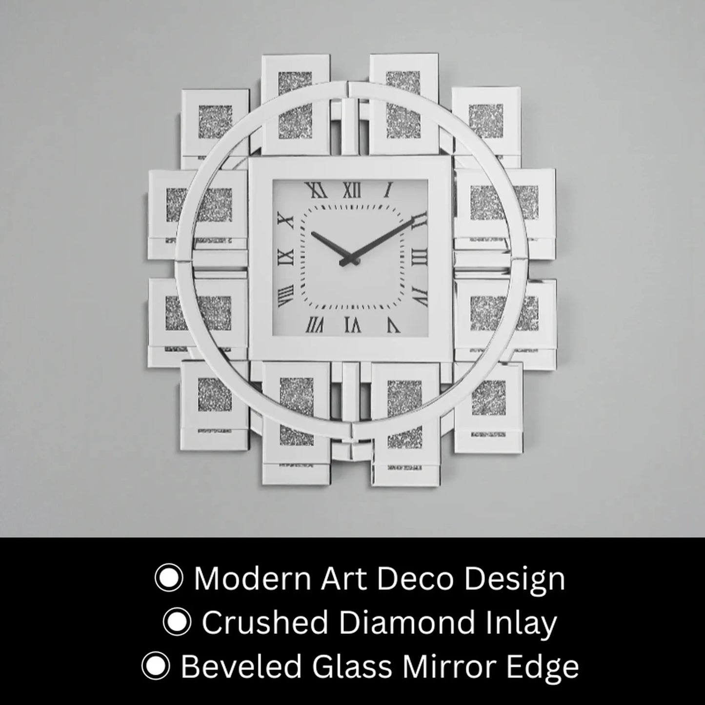 Decorative mirror wall clock - Stratton: An Art Deco-style clock with a square face featuring Roman numerals, surrounded by mirrored panels and a crushed diamond inlay, highlighting its beveled glass mirror edge.