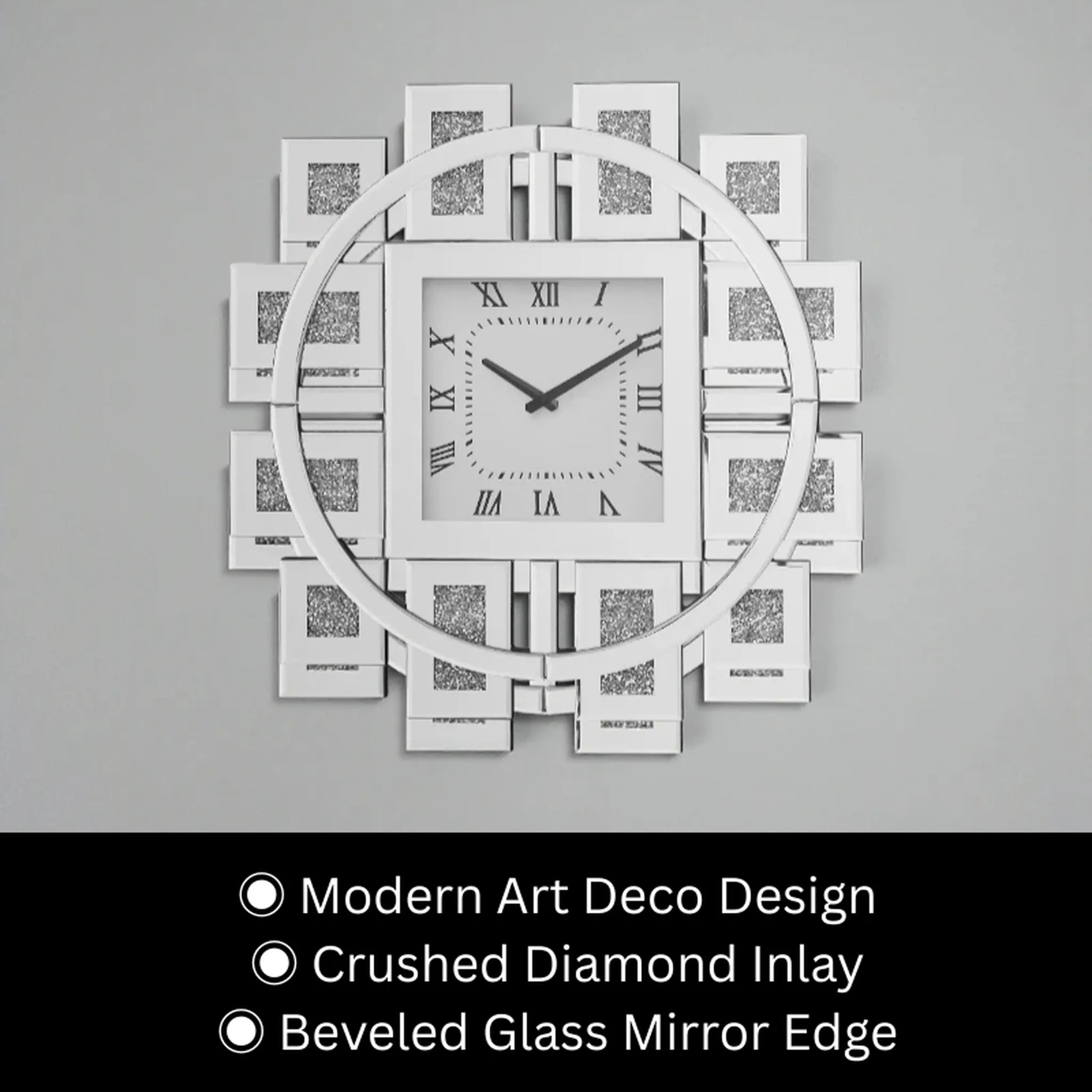 Decorative mirror wall clock - Stratton: An Art Deco-style clock with a square face featuring Roman numerals, surrounded by mirrored panels and a crushed diamond inlay, highlighting its beveled glass mirror edge.