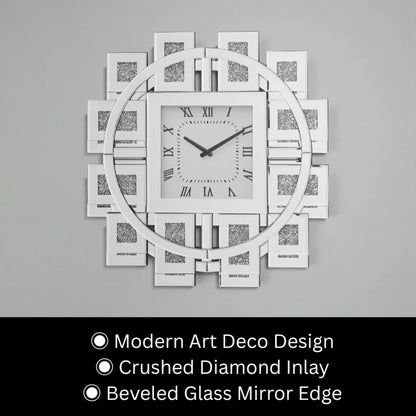 Decorative mirror wall clock - Stratton: An Art Deco-style clock with a square face featuring Roman numerals, surrounded by mirrored panels and a crushed diamond inlay, highlighting its beveled glass mirror edge.
