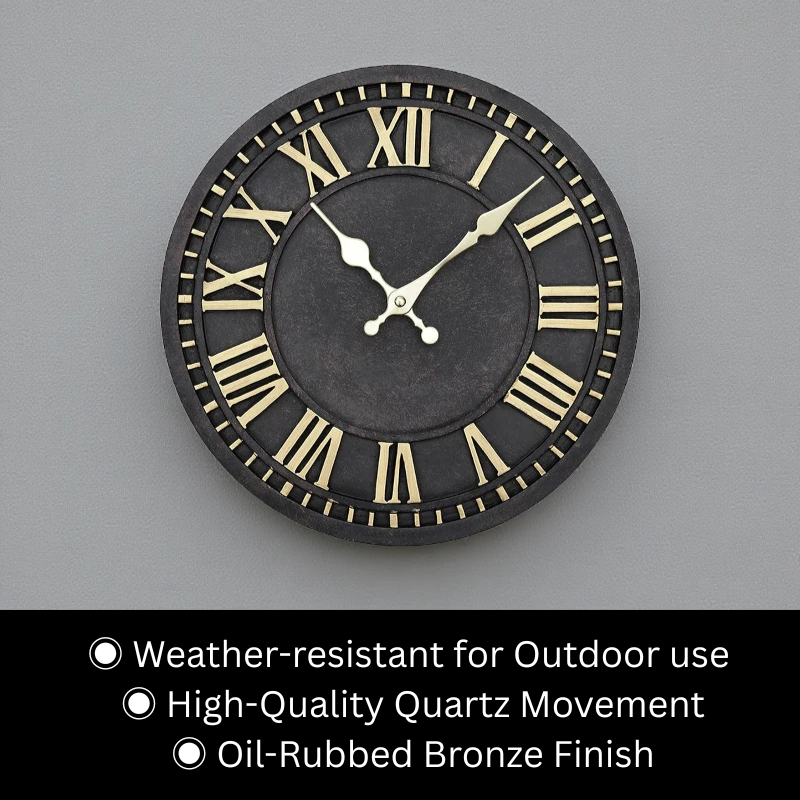 Bronze outdoor wall clock - Geneva with Roman numerals, oil-rubbed finish, and weather-resistant design; features high-quality quartz movement. Ideal for adding timeless elegance to any indoor or outdoor space.