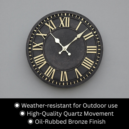 Bronze outdoor wall clock - Geneva with Roman numerals, oil-rubbed finish, and weather-resistant design; features high-quality quartz movement. Ideal for adding timeless elegance to any indoor or outdoor space.