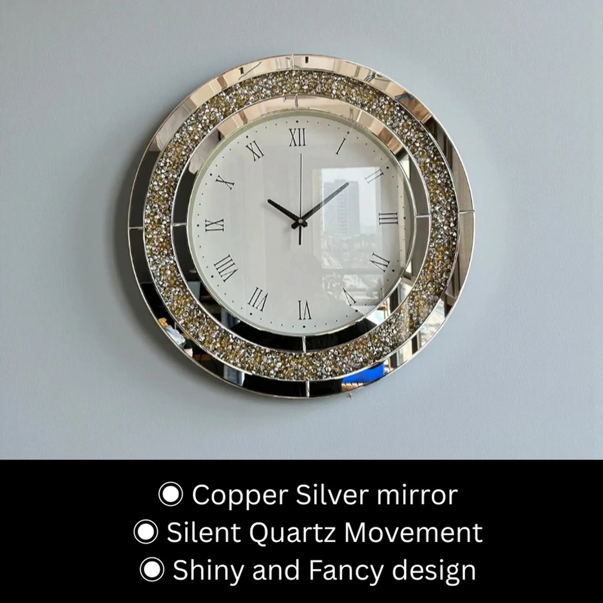 Fancy wall clock - Norwyn with a mirrored frame, Roman numerals, and glitter accents, showcasing a copper-silver finish and silent quartz movement, designed as an elegant focal point for any room.