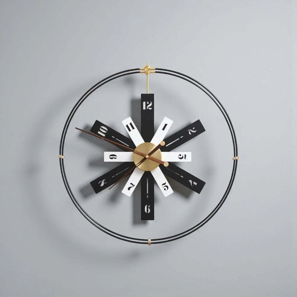 Modern Lounge Wall Clocks - Fremton: A 23-inch clock with a black metal frame brass hands, and walnut-brown numerals, perfect for contemporary spaces.