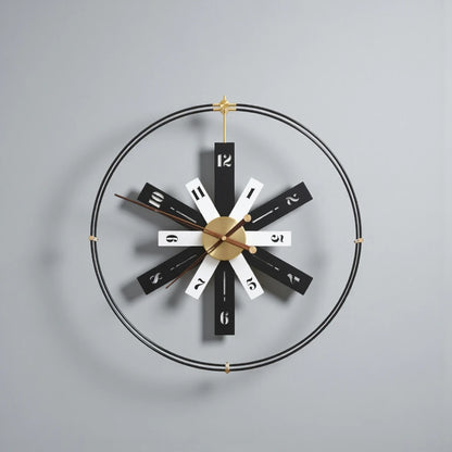 Modern Lounge Wall Clocks - Fremton: A 23-inch clock with a black metal frame brass hands, and walnut-brown numerals, perfect for contemporary spaces.