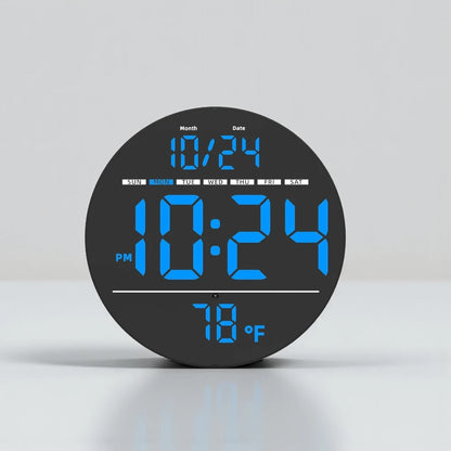 Digital Wall Clocks - Hadley: Round black clock with blue LED displaying date, day, time, and temperature, offering a sleek, modern touch to any home or office decor.
