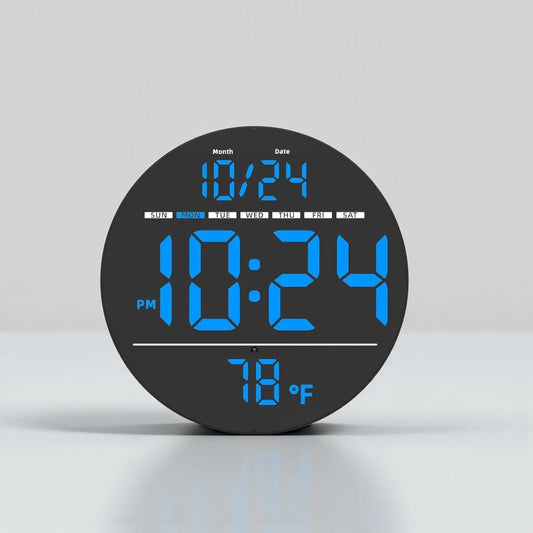 Digital Wall Clocks - Hadley: Round black clock with blue LED displaying date, day, time, and temperature, offering a sleek, modern touch to any home or office decor.