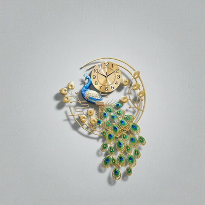 Peacock wall clock - Wexley: An ornate wall clock featuring a peacock design with a gilded metal frame, intricate crystal details, and elegant flowing tail, perfect as a luxurious home centerpiece.