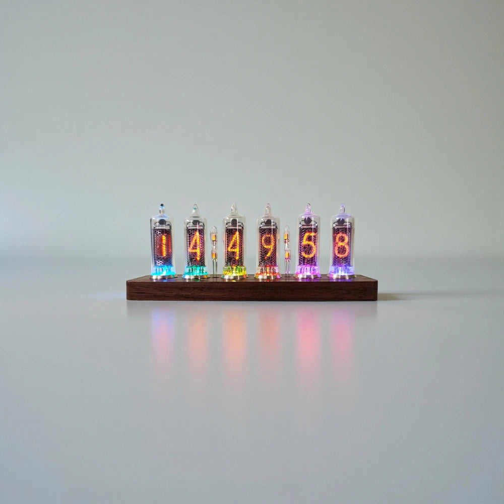 Nixie tube clock - Hartley on a wooden base with glowing glass tubes displaying time in a retro-tech style, blending vintage Soviet-era design with modern aesthetics, perfect for desks or shelves.
