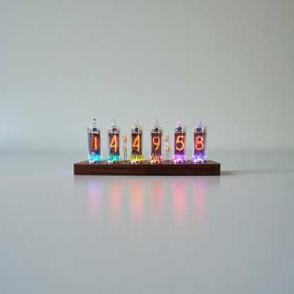 Nixie tube clock - Hartley on a wooden base with glowing glass tubes displaying time in a retro-tech style, blending vintage Soviet-era design with modern aesthetics, perfect for desks or shelves.